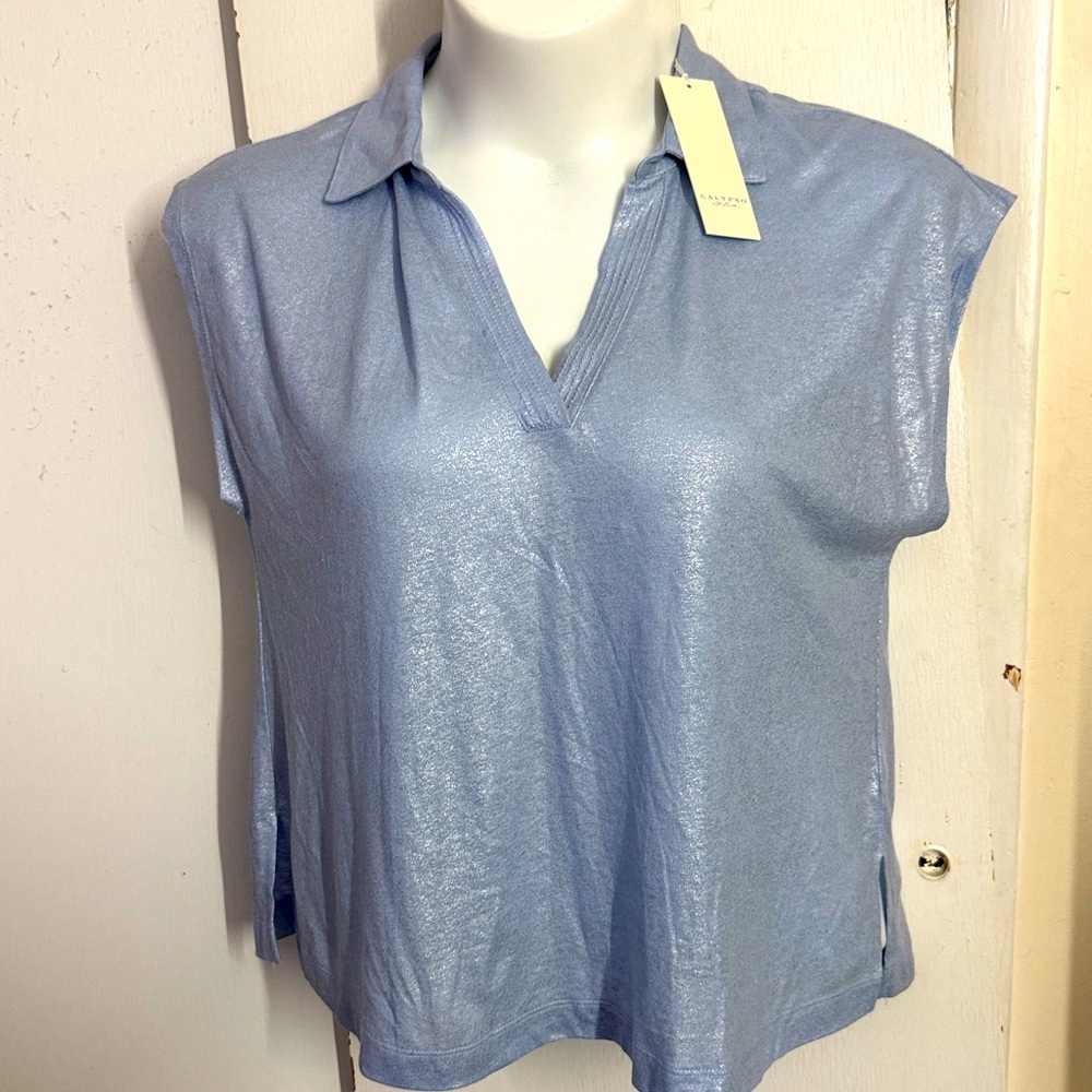 Calypso St Barth Linen Blend Polo Style Blue Metallic Size XL NEW